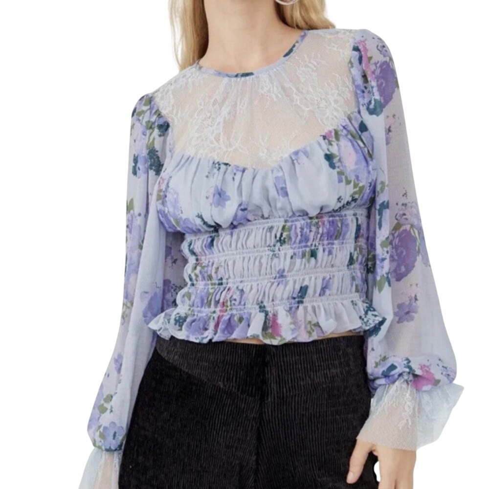FREE PEOPLE Small Silver Blue Combo Daphne Blouse Pastel Long Sleeve Smocked Top